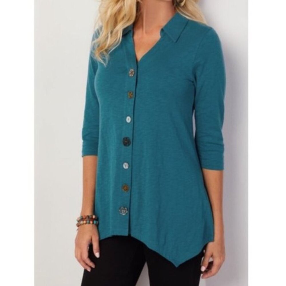 Soft Surroundings Teal Danielle Tunic Top Medium Asymmetrical Hem Buttons V-neck